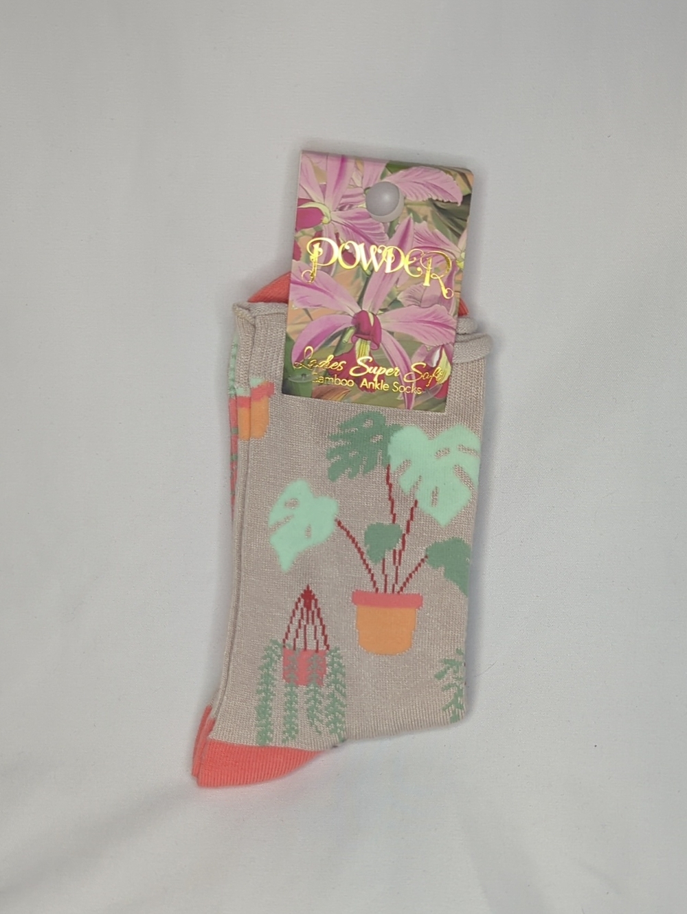 Beige Plant-Print Ankle Socks - Women's